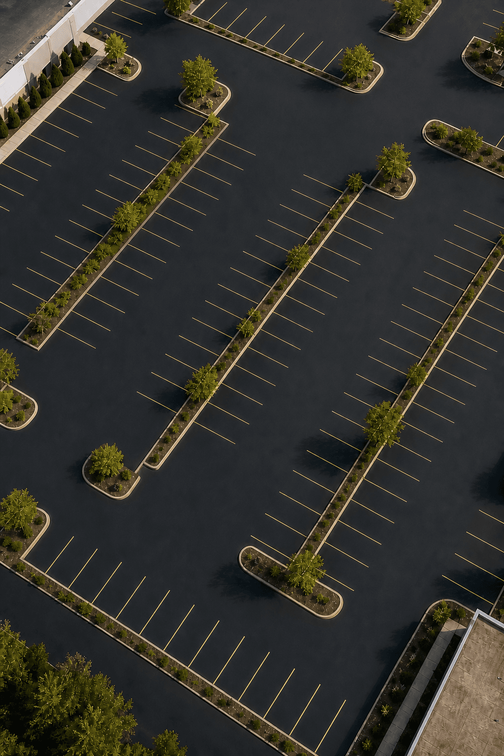 Aerial view of a freshly sealcoated and striped parking lot